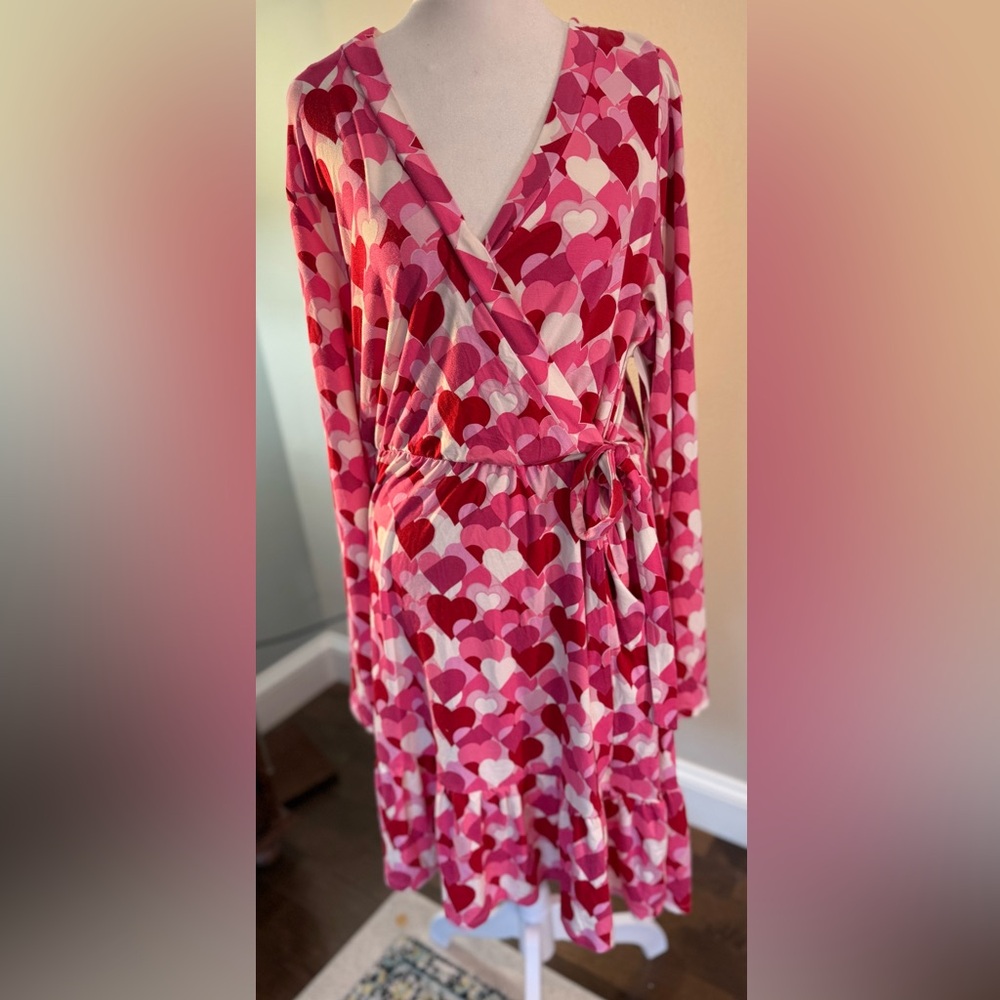 NWT Draper James RSVP Red Pink Hearts Valentine's Ruffled Stretch Wrap Dress XL